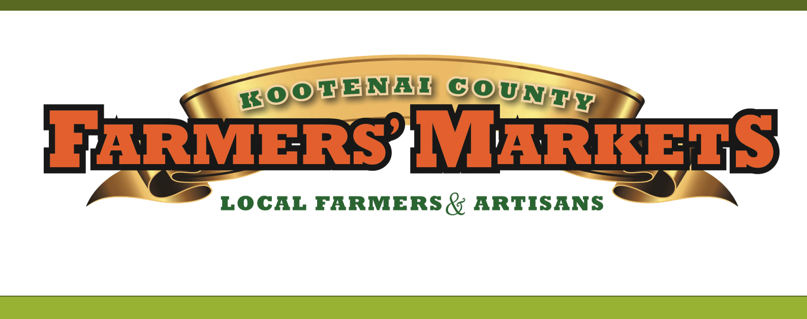 The words Kootenai County Farmer's Markets: Local Farmers & Artisans over a gold ribbon and white background.